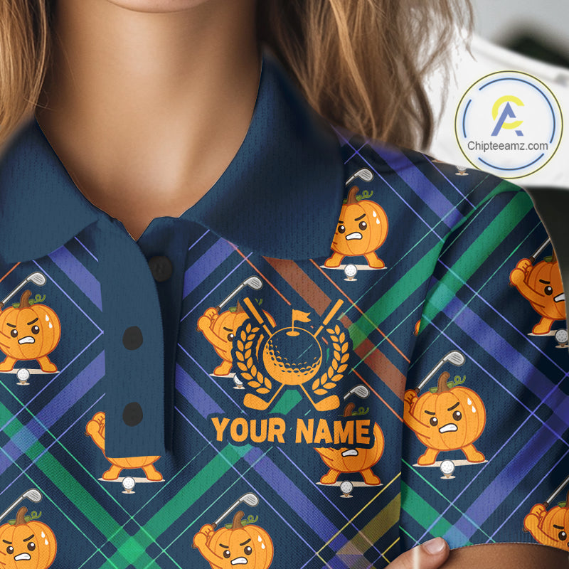 Female golfer wearing Plaid Pumpkin golf polo, autumn golf outfit, golf vacation clothing, seasonal golf apparel