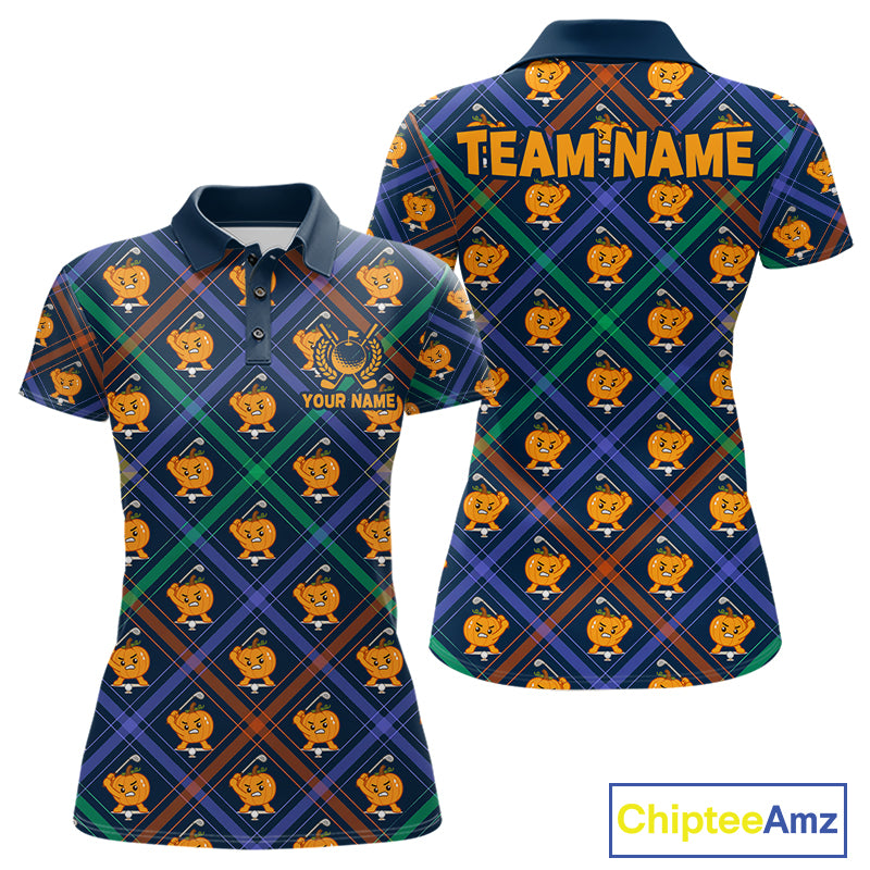Plaid Pumpkin women's golf polo shirt featuring classic plaid design, custom golf apparel, fall golf fashion, golf team uniform