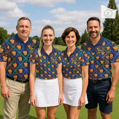 Plaid Pumpkin golf team polo, fall golf season, harvest festival, Thanksgiving outing, plaid symbolizes tradition, comfort, heritage, pumpkin symbolizes abundance