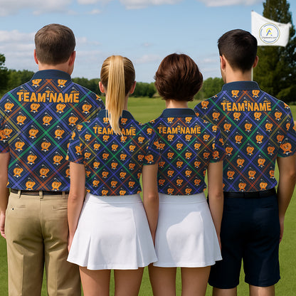 Plaid Pumpkin golf team polo, fall golf season, harvest festival, Thanksgiving outing, plaid symbolizes tradition, comfort, heritage, pumpkin symbolizes abundance