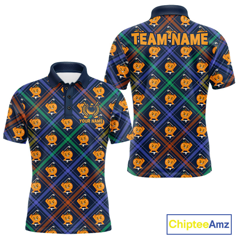 Plaid Pumpkin men's golf polo shirt, Halloween golf apparel, breathable golf team uniform, custom golf clothing
