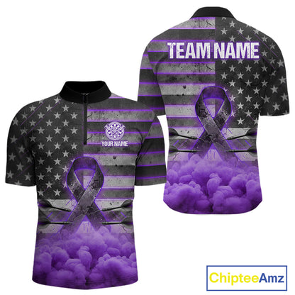 Purple Cloud Ribbon US Flag Dart Arrow Custom Breast Cancer Awareness Darts Men Quarter-Zip Shirt NYN1816