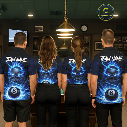 Blue Flames Multi Skull Thunder Pool 8 Ball 3D Billiard Shirt For Women Custom Billiard Team Attire NYN2603
