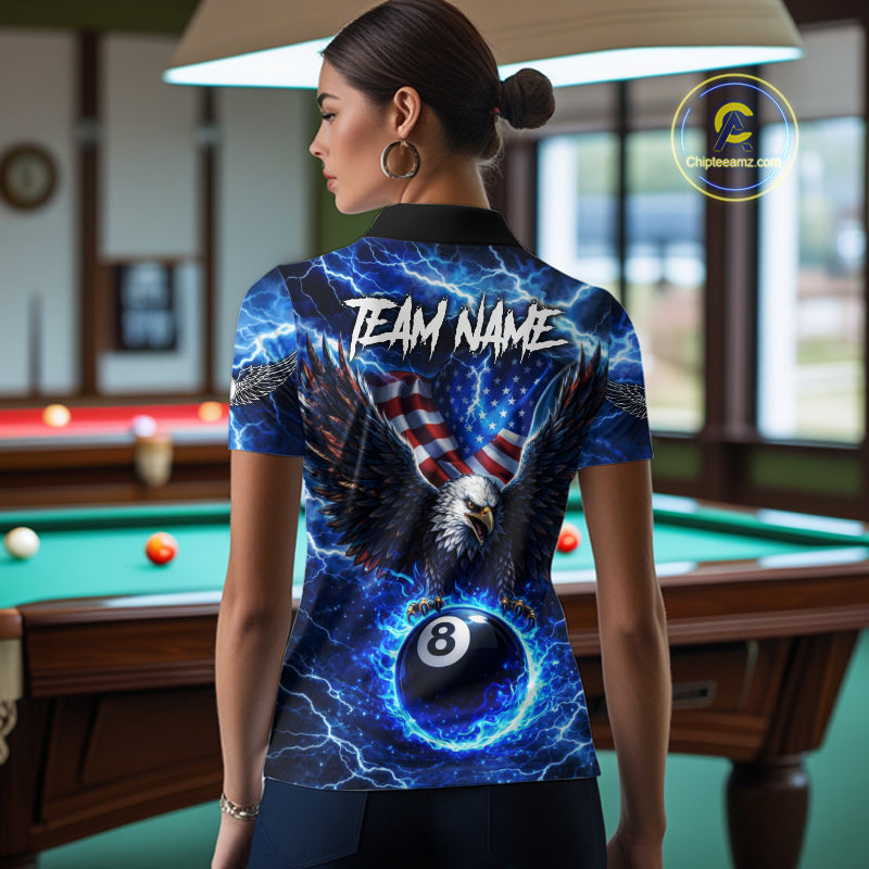 US Flag Eagle Thunder Blue Pool 8 Ball Women Billiard Shirt Custom Patriotic Billiard Team Attire NYN2604