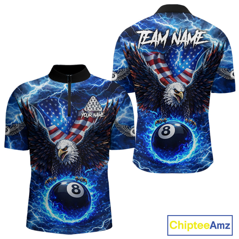 US Flag Eagle Thunder Blue Pool 8 Ball Men Billiard Shirt Custom Patriotic Billiard Team Attire NYN2604
