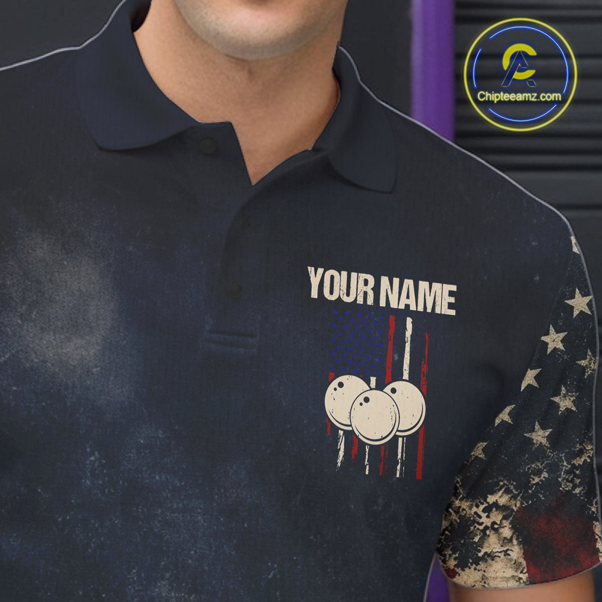 American Flag Grunge Bowling Team Jerseys For Men Custom Eagle Patriot Bowling Polo 1/4-Zip Shirt NYN3168