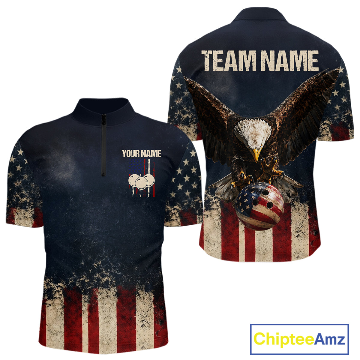 American Flag Grunge Bowling Team Jerseys For Men Custom Eagle Patriot Bowling Polo 1/4-Zip Shirt NYN3168