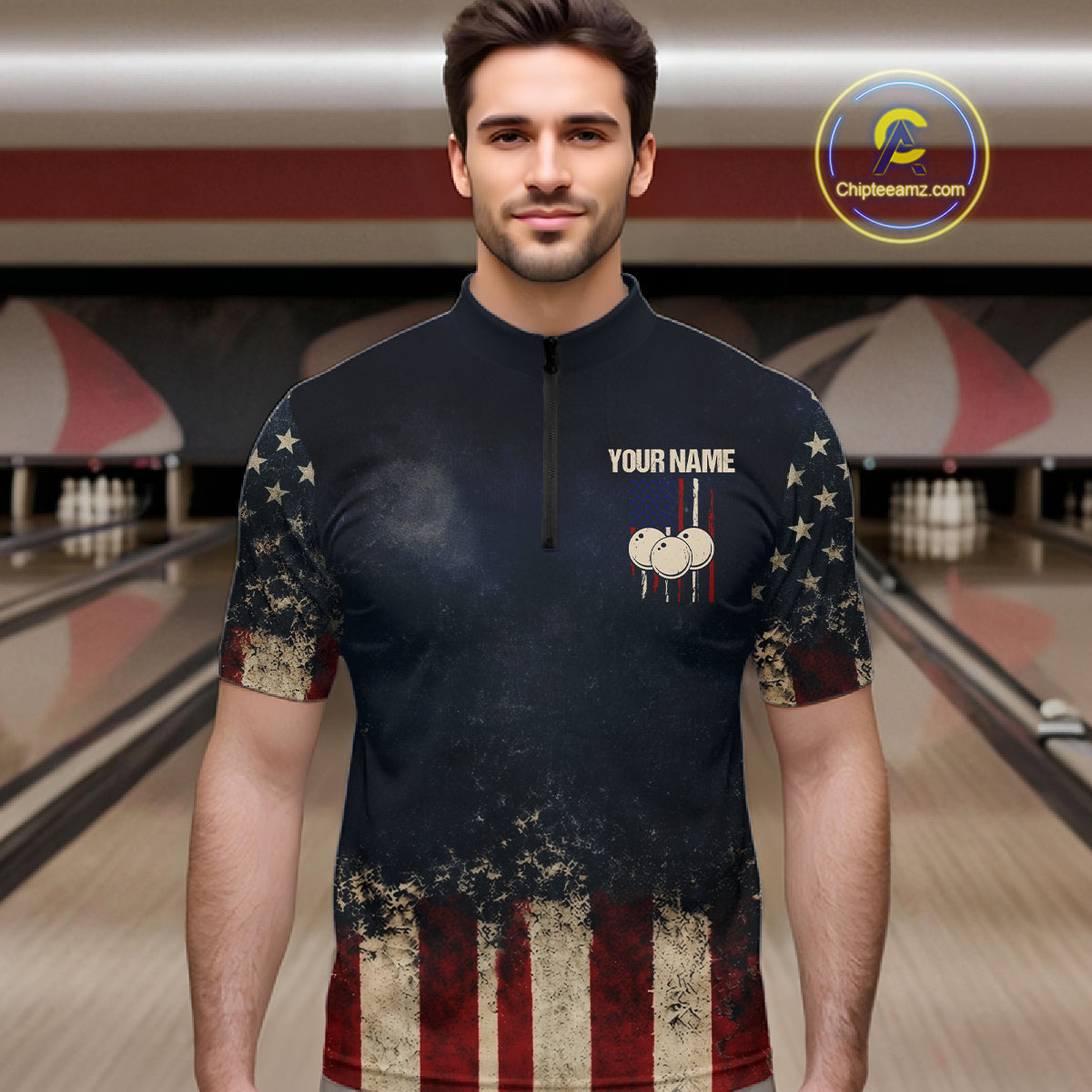 American Flag Grunge Bowling Team Jerseys For Men Custom Eagle Patriot Bowling Polo 1/4-Zip Shirt NYN3168