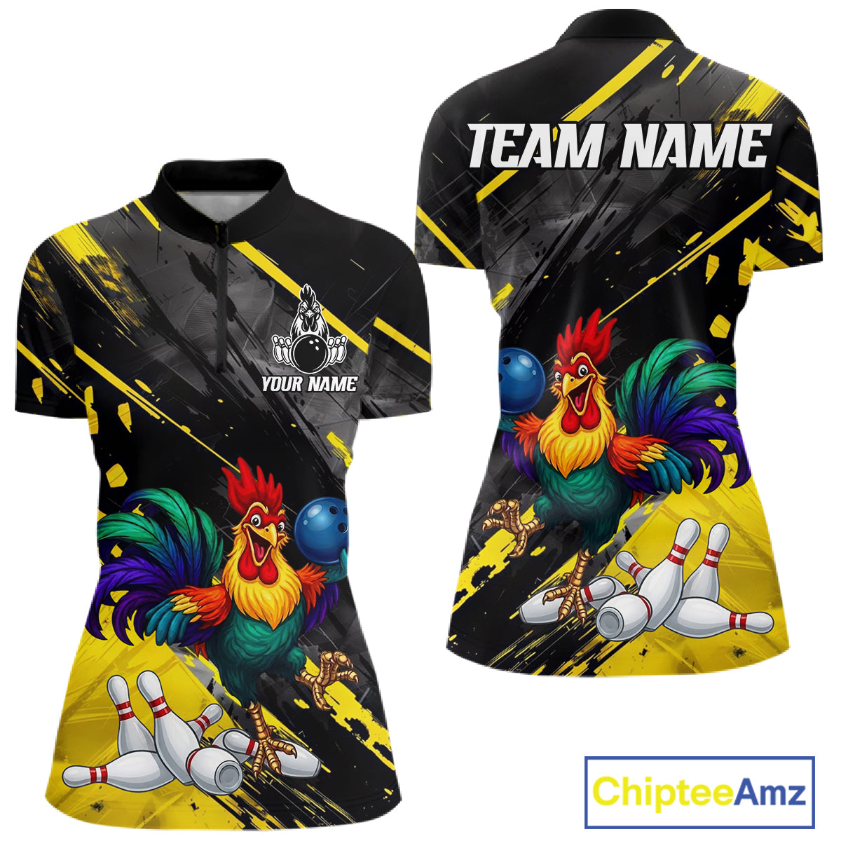 Personalized Colorful Funny Rooster Bowling Shirt For Women Yellow Grunge Bowling Team Jersey NYN3174