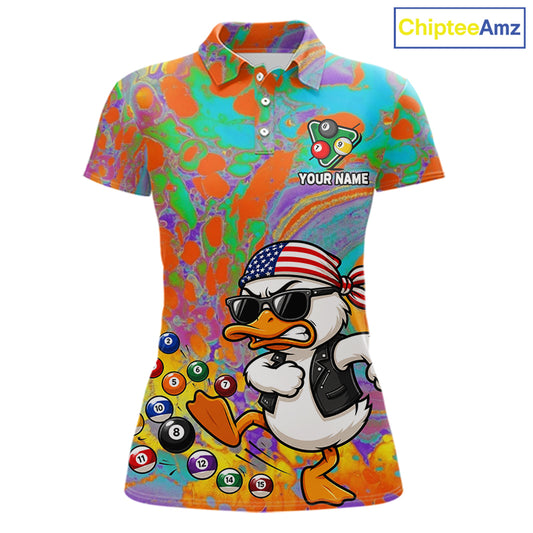 Colorful Funny Duck Women's Billiard Polo Shirt, Personalized Duck Pool Team Jersey, Custom Team Name Cue Sports Apparel