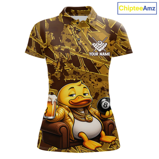 Funny Brown Yellow Duck Women's Billiard Polo Shirt, Personalized 8 Ball Pool Team Jersey, Cartoon Duck Cue Sports Apparel