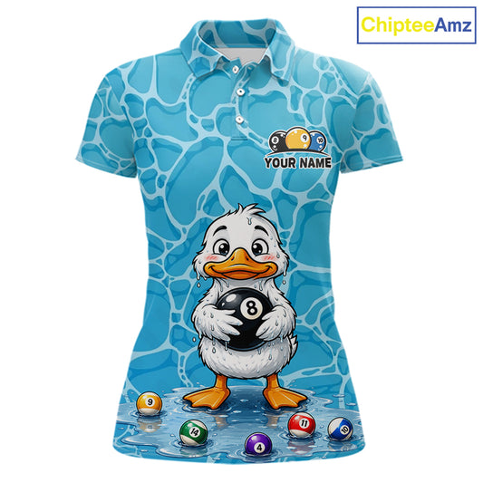 Funny Blue Wet Duck Women's Billiard Polo Shirt, Personalized 8 Ball Pool Team Jersey, Cartoon Water Duck Cue Sports Apparel