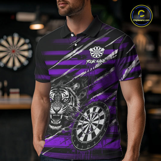 Purple Grunge Grey Smoke Tiger Dartboard Custom Dart Polo Shirt Men Dart League Jerseys NYN2088