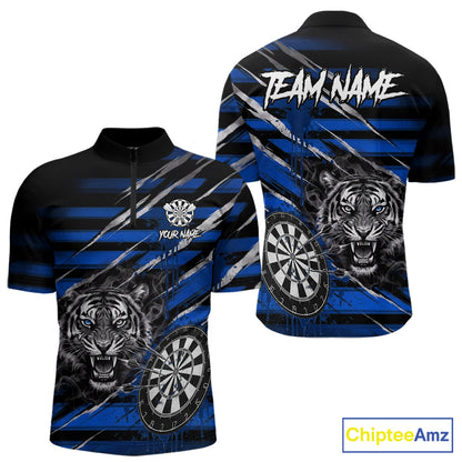 Blue Grunge Grey Smoke Tiger Dartboard Custom Dart Quarter-Zip Shirt Men Dart League Jerseys NYN2089