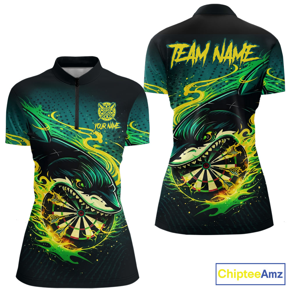 Green Splatter Paint Shark Dartboard & Arrow Women Darts Quarter-Zip Shirt Custom Darts Team Jersey NYN2616