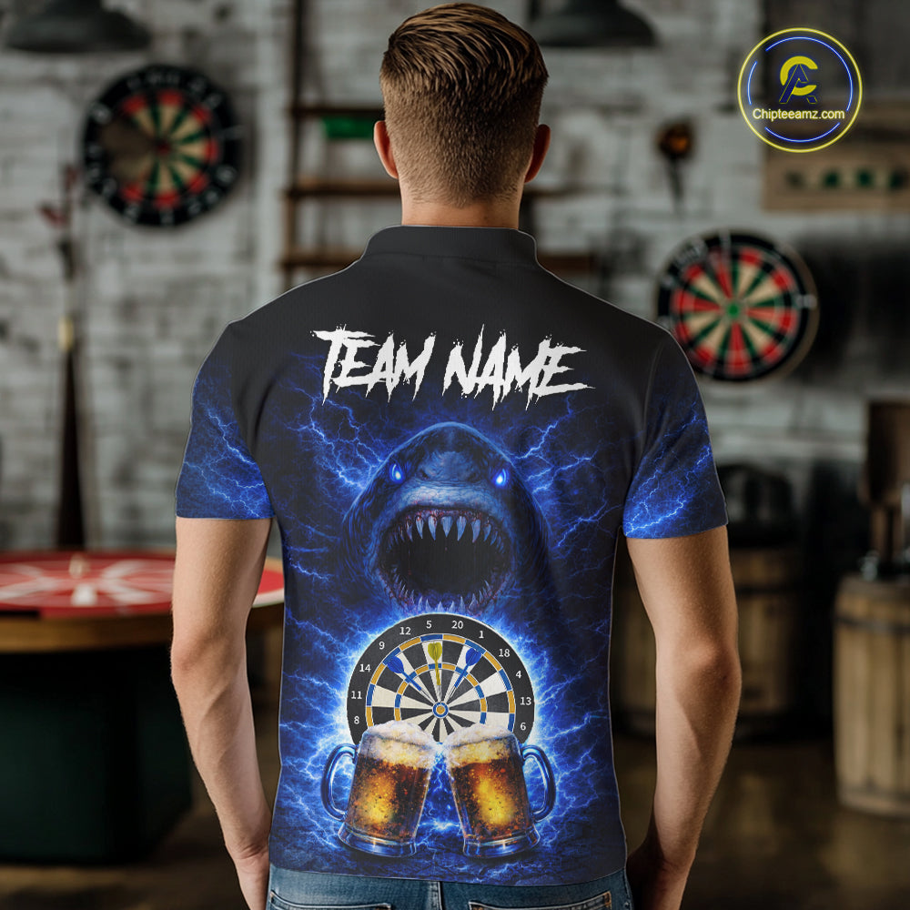 Blue Horror Shark Cheer Beer & Dartboard Men Darts Polo Shirt Custom Funny Dart Team Jersey NYN2617