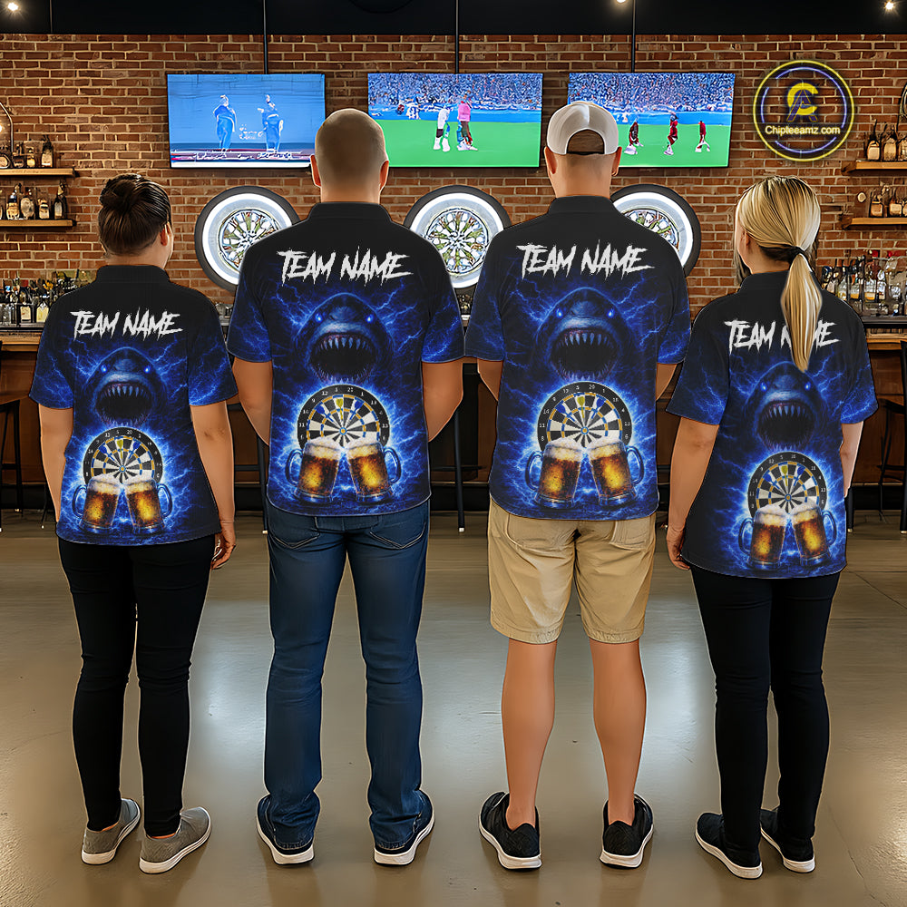 Blue Horror Shark Cheer Beer & Dartboard Women Darts Quarter-Zip Shirt Custom Funny Dart Team Jersey NYN2617