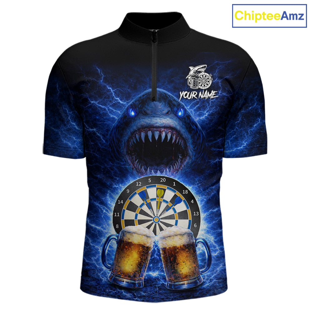 Blue Horror Shark Cheer Beer & Dartboard Men Darts Quarter-Zip Shirt Custom Funny Dart Team Jersey NYN2617