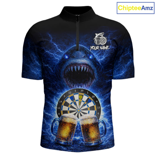 Blue Horror Shark Cheer Beer & Dartboard Men Darts Quarter-Zip Shirt Custom Funny Dart Team Jersey NYN2617