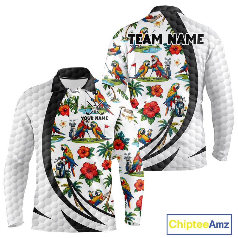Tropical White And Black Golf Ball Polo Golf Shirts For Men Custom Parrot Golf Team Attire NYN3175