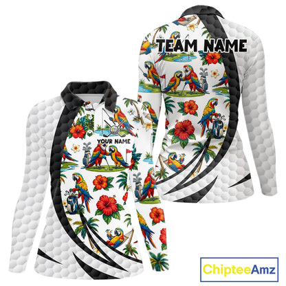 Tropical White And Black Golf Ball Polo Golf Shirts For Women Custom Parrot Golf Team Attire NYN3175