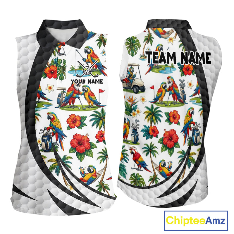 Tropical White And Black Golf Ball Sleeveless Polo Golf Shirts For Women Custom Parrot Golf Attire NYN3175