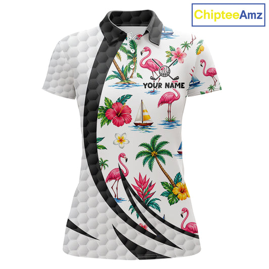 Tropical White And Black Golf Ball Polo Golf Shirts For Women Custom Flamingo Golf Team Attire NYN3176