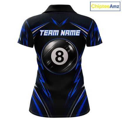 Women's patriotic billiard polo with black blue US flag and illuminated 8 ball artwork, custom performance jersey for league play, Memorial Day tournaments and Independence Day events.