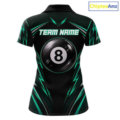 Women's billiard polo with black green patriotic flag and 8 ball artwork, personalized league jersey for APA tournaments, billiard clubs and competitive sports teams.