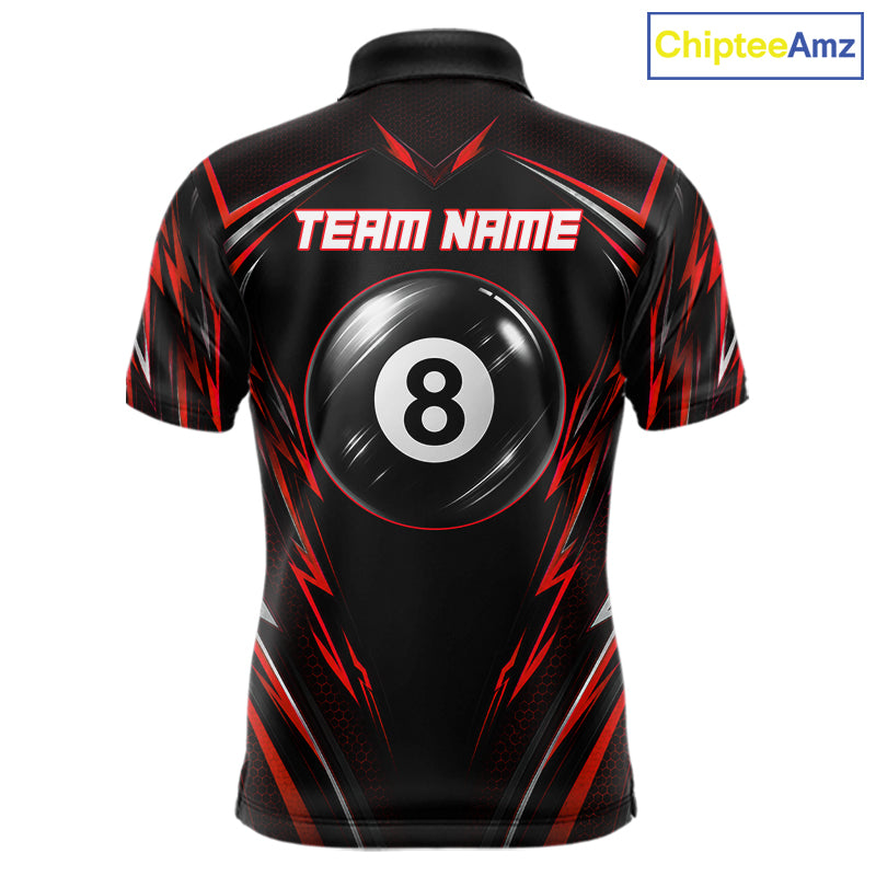 Men's billiard polo featuring black red American flag with glowing 8 ball artwork, personalized performance apparel for APA tournaments, motorcycle lifestyle enthusiasts, veterans and patriotic athletes, representing courage and victory.