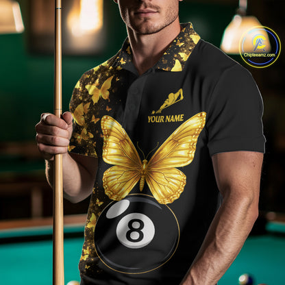 Male billiard player wearing black gold butterfly billiard jersey during elite competition, premium sports apparel symbolizing confidence, elegance, success and competitive excellence.