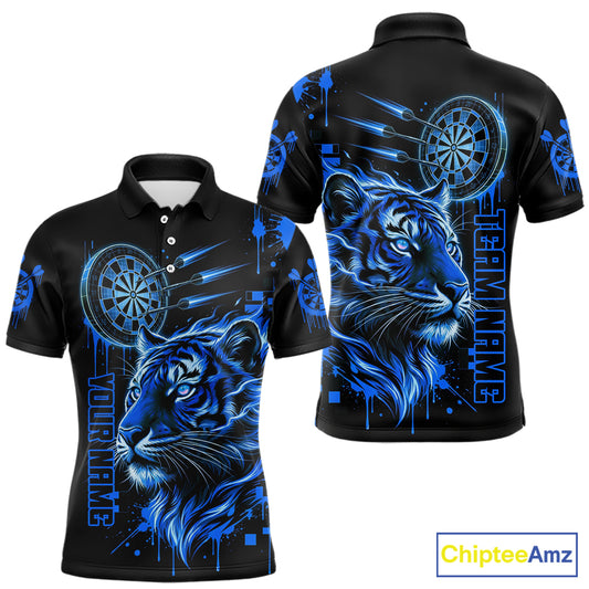Blue Neon Tiger Lightning Dartboard Men Dart Polo Shirts Custom Name & Team Dart Jerseys NYN2100