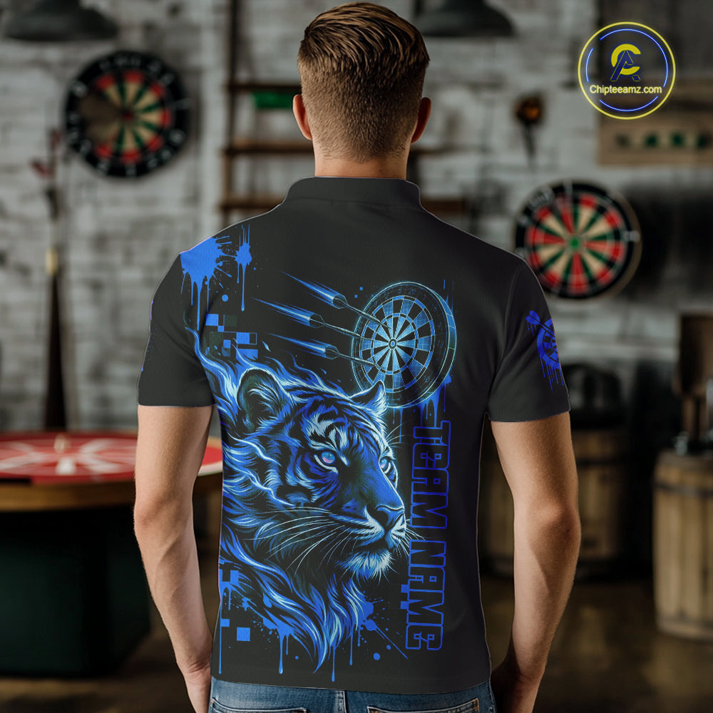 Blue Neon Tiger Lightning Dartboard Men Dart Polo Shirts Custom Name & Team Dart Jerseys NYN2100