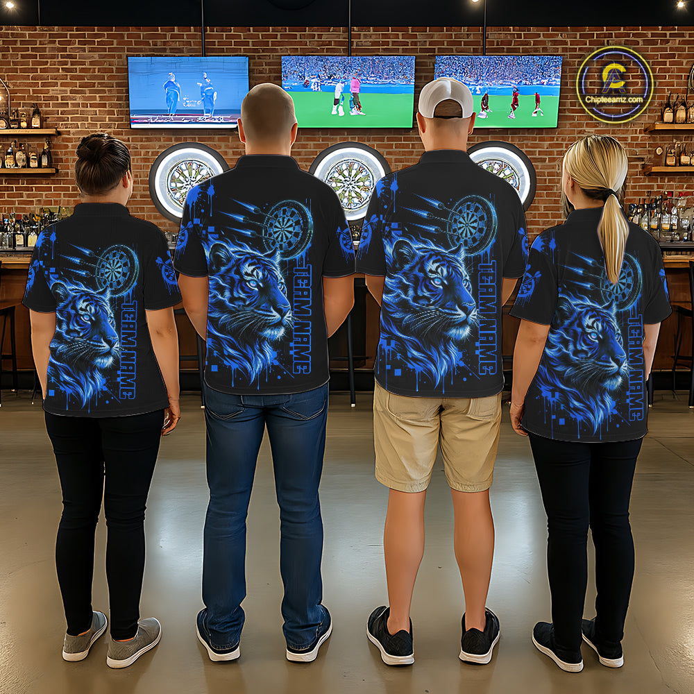 Blue Neon Tiger Lightning Dartboard Men Dart Polo Shirts Custom Name & Team Dart Jerseys NYN2100