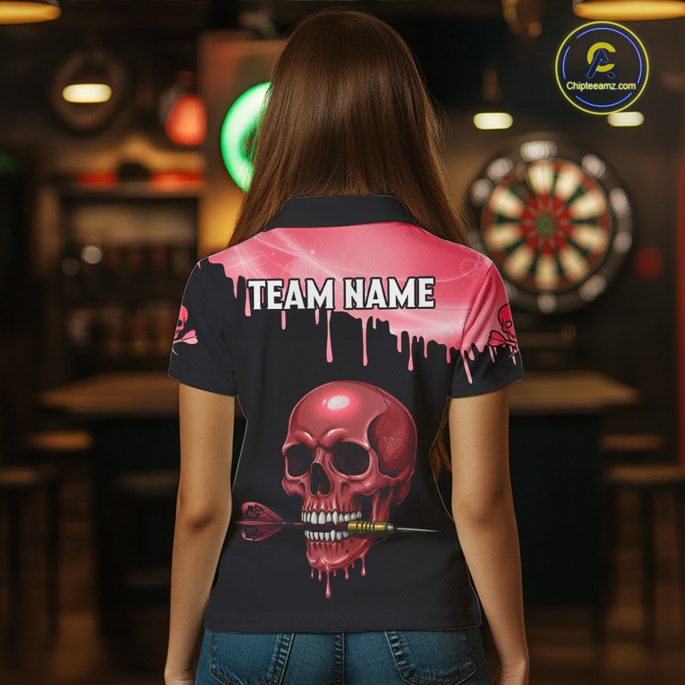 Custom Holographic Red Skull Darts Shirt Polo For Women Light Skull Dart League Jerseys NYN2110