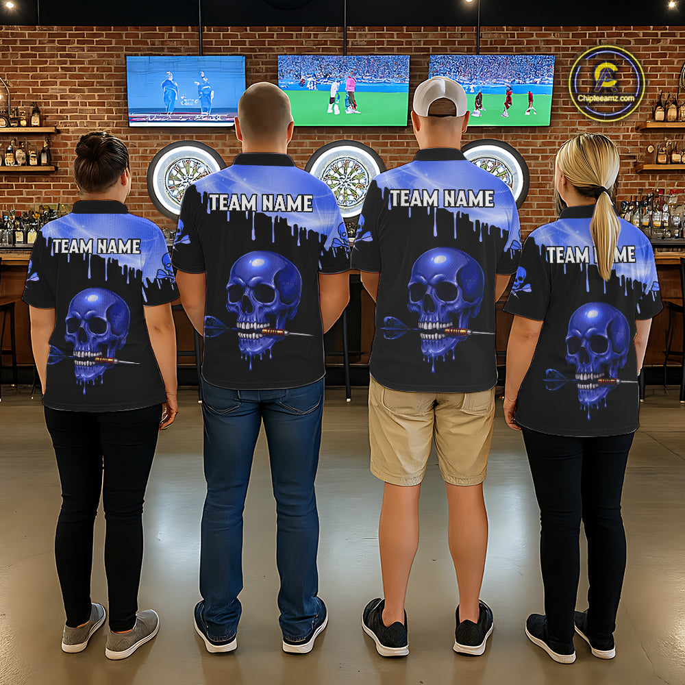 Custom Holographic Blue Skull Darts Shirt 1/4-Zip For Women Light Skull Dart League Jerseys NYN2111