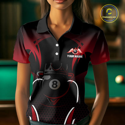 Black & Red 8 Ball Crown Women's Billiard Polo & 1/4 Zip Shirt Custom Billiard Team Jersey NYN2344