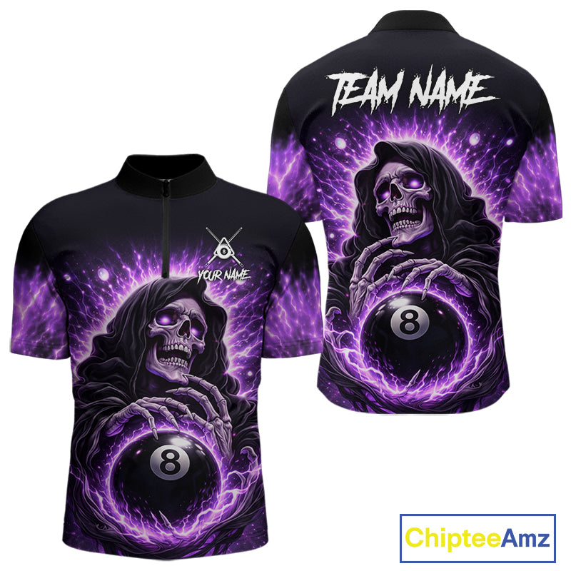Lightning Purple Scary Grim Reaper Pool 8 Ball Men Billiard Shirt Custom Ball Billiard Team Attire NYN2624