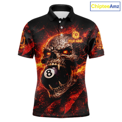 Cracked Soil Skull Red Flames Pool 8 Ball Men Billiard Polo & 1/4-Zip Shirt Custom Billiard Attire NYN2627