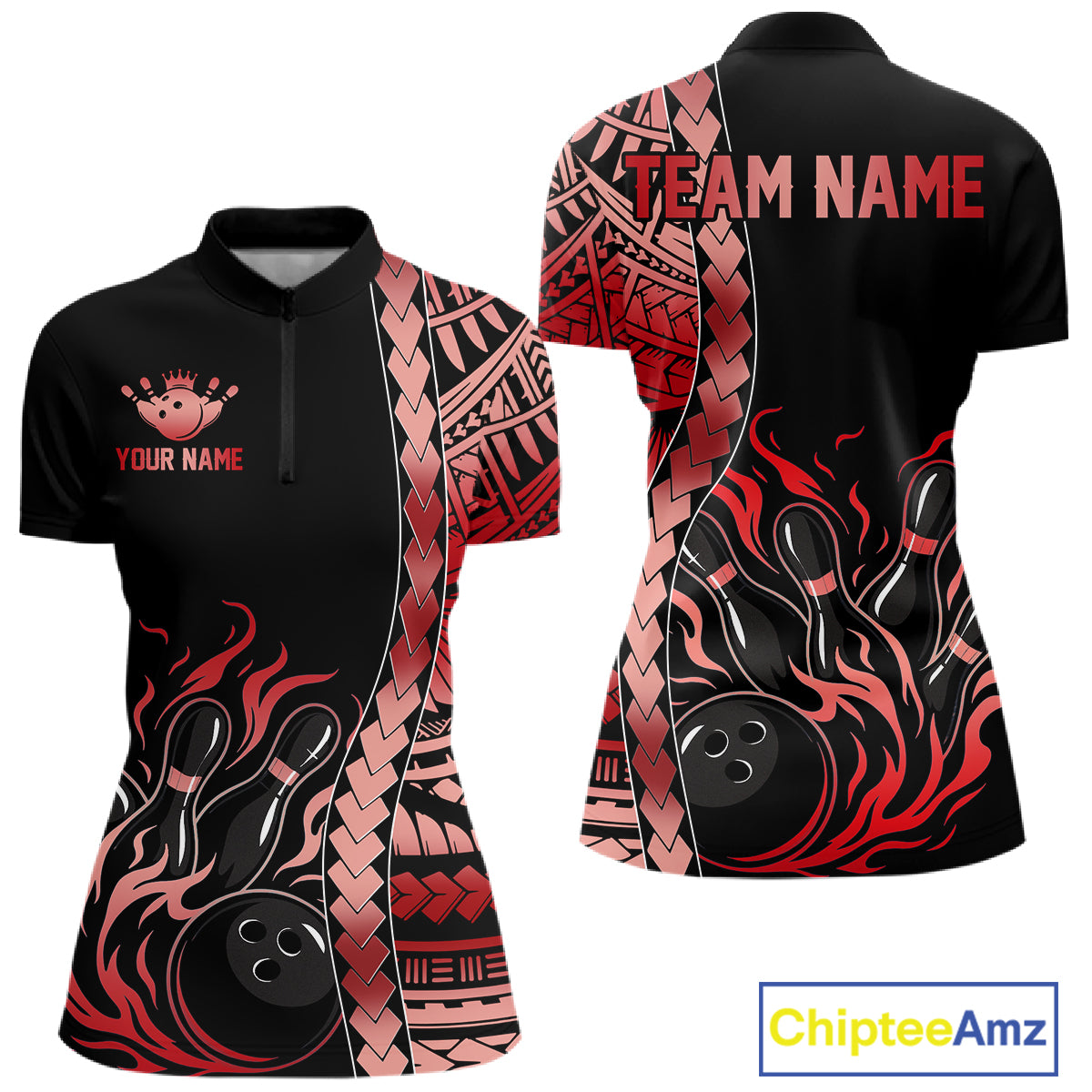 Women's black red tribal bowling quarter-zip, moisture-wicking bowling jersey, tournament apparel