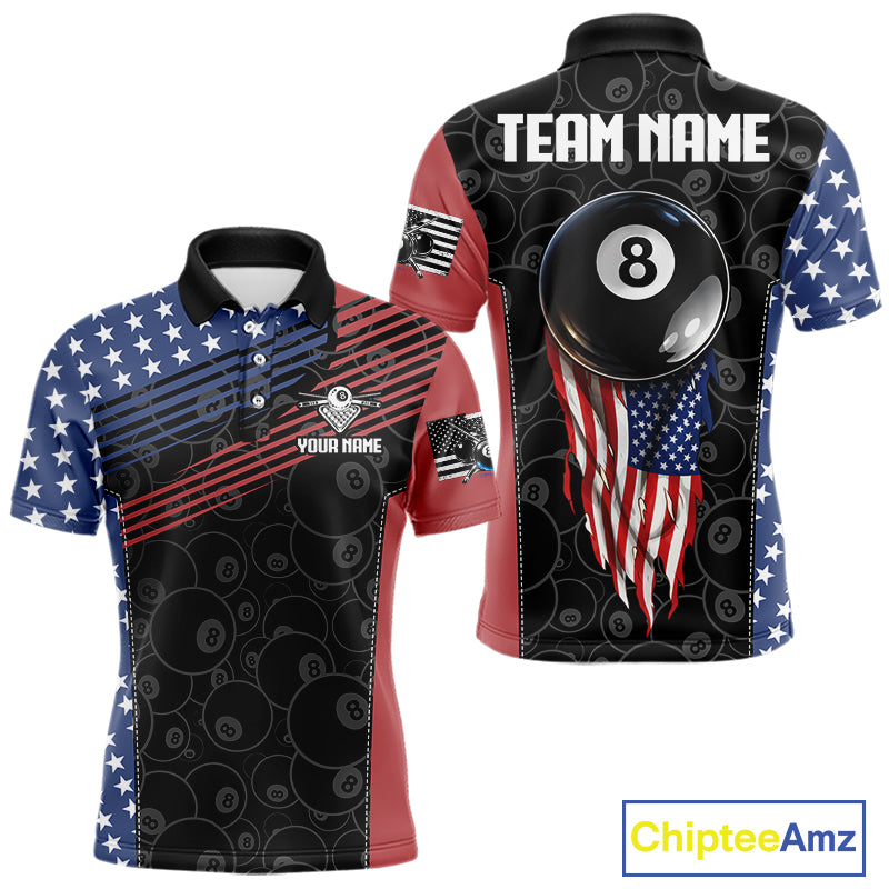 US Flag Pool 8 Ball Men's Billiard Polo & 1/4 Zip Shirt Custom Patriotic Billiard Attire NYN2362