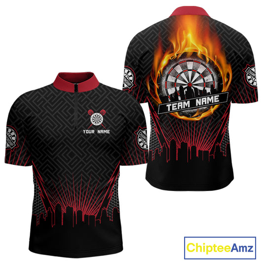 Custom Black And Red Fire Flame Dartboard Dart Shirts For Men, Dart Tournament Jerseys NYN0071