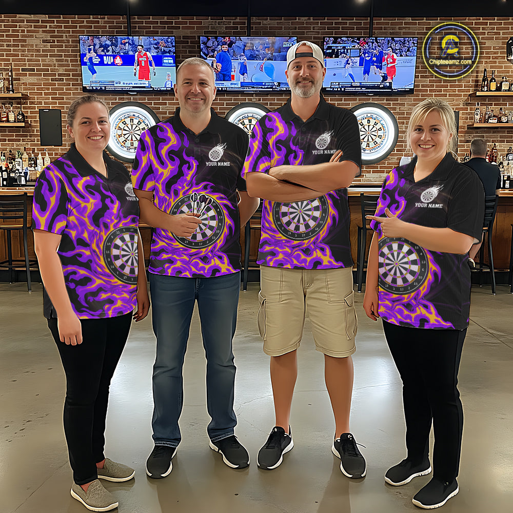 Purple & Yellow Flame Dartboard Darts Polo 1/4-Zip Shirt For Men Custom Fire Flame Dart Team Jersey NYN3939