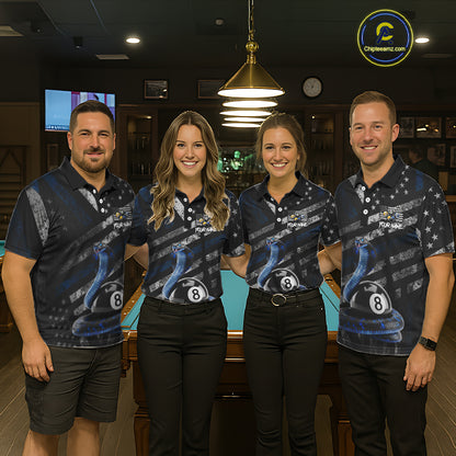 Blue Grunge Cobra 8 Ball Pool Men Billiard Polo & 1/4-Zip Shirt Custom Billiard Attire Jersey NYN2374