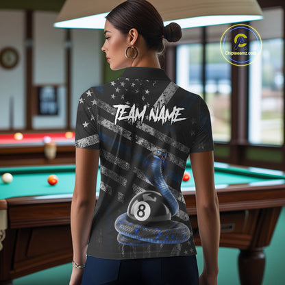 Blue Grunge Cobra 8 Ball Pool Women Billiard Polo & 1/4-Zip Shirt Custom Billiard Attire Jersey NYN2374