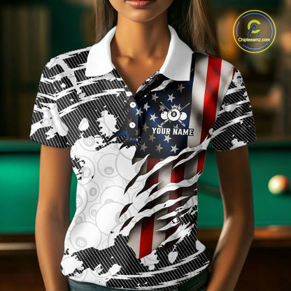 US Flag 8 Ball Women Billiard Team Shirt Custom Patriotic Pool Polo & 1/4-Zip Billiard Attire NYN2378
