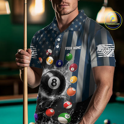 Watering 8 Ball Men Billiard Polo & 1/4-Zip Shirt Custom US Flag Pool Billiard Team Apparel NYN2384