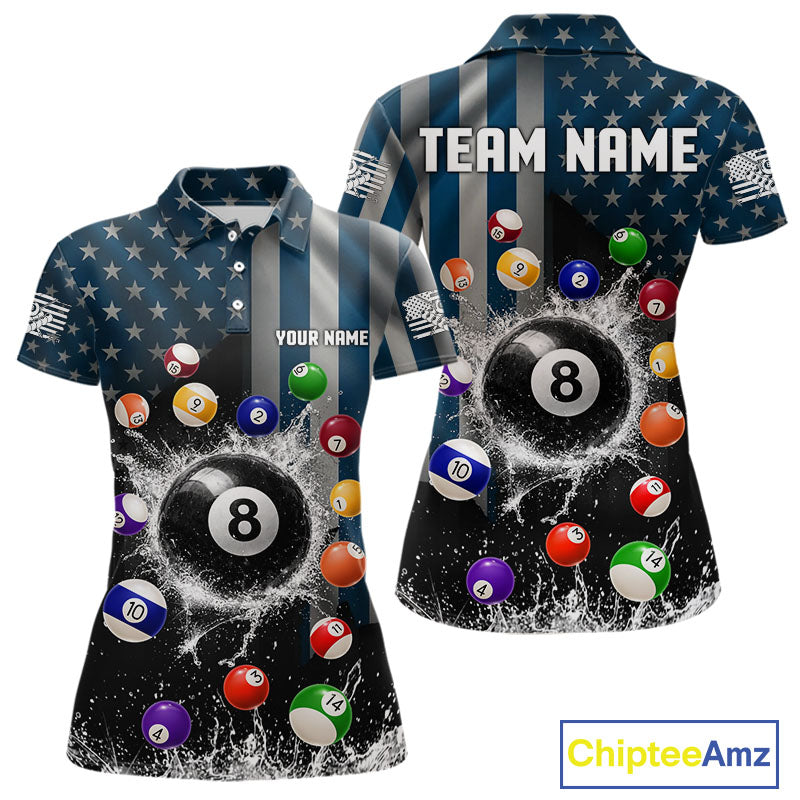 Watering 8 Ball Women Billiard Polo & 1/4-Zip Shirt Custom US Flag Pool Billiard Team Apparel NYN2384