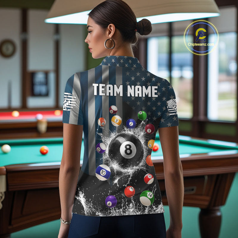 Watering 8 Ball Women Billiard Polo & 1/4-Zip Shirt Custom US Flag Pool Billiard Team Apparel NYN2384