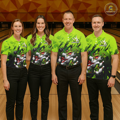Funny Frog Bowling Ball And Pins Shirt For Men Custom Green Polo Quarter-Zip Bowling Team Attire NYN3685